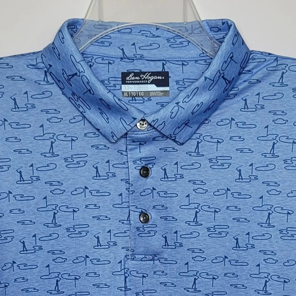 Ben Hogan Polo Shirt Men XL Blue Performance Golfers Novelty Print Preppy Sporty